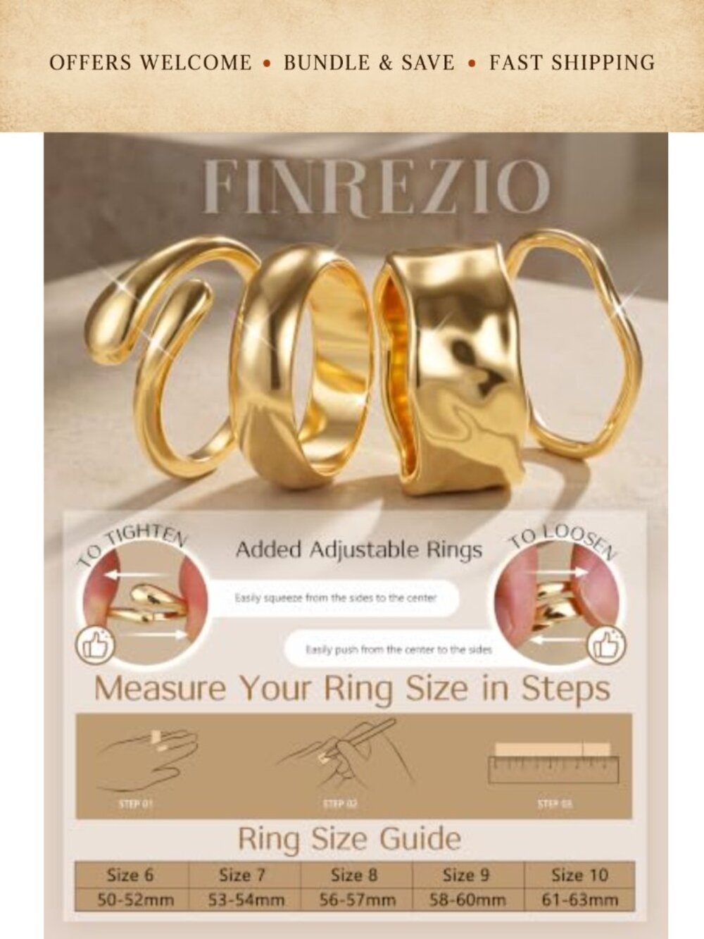 14K Gold Plated Stackable Rings Set Adjustable Band Non Tarnish - Picture 4 of 6
